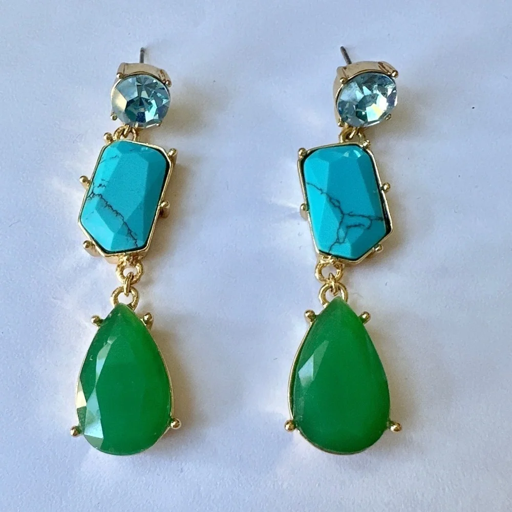 Kate Spade Turquoise Blue Green Linear Fiesta Crystal Dangle Drop Earrings, OS